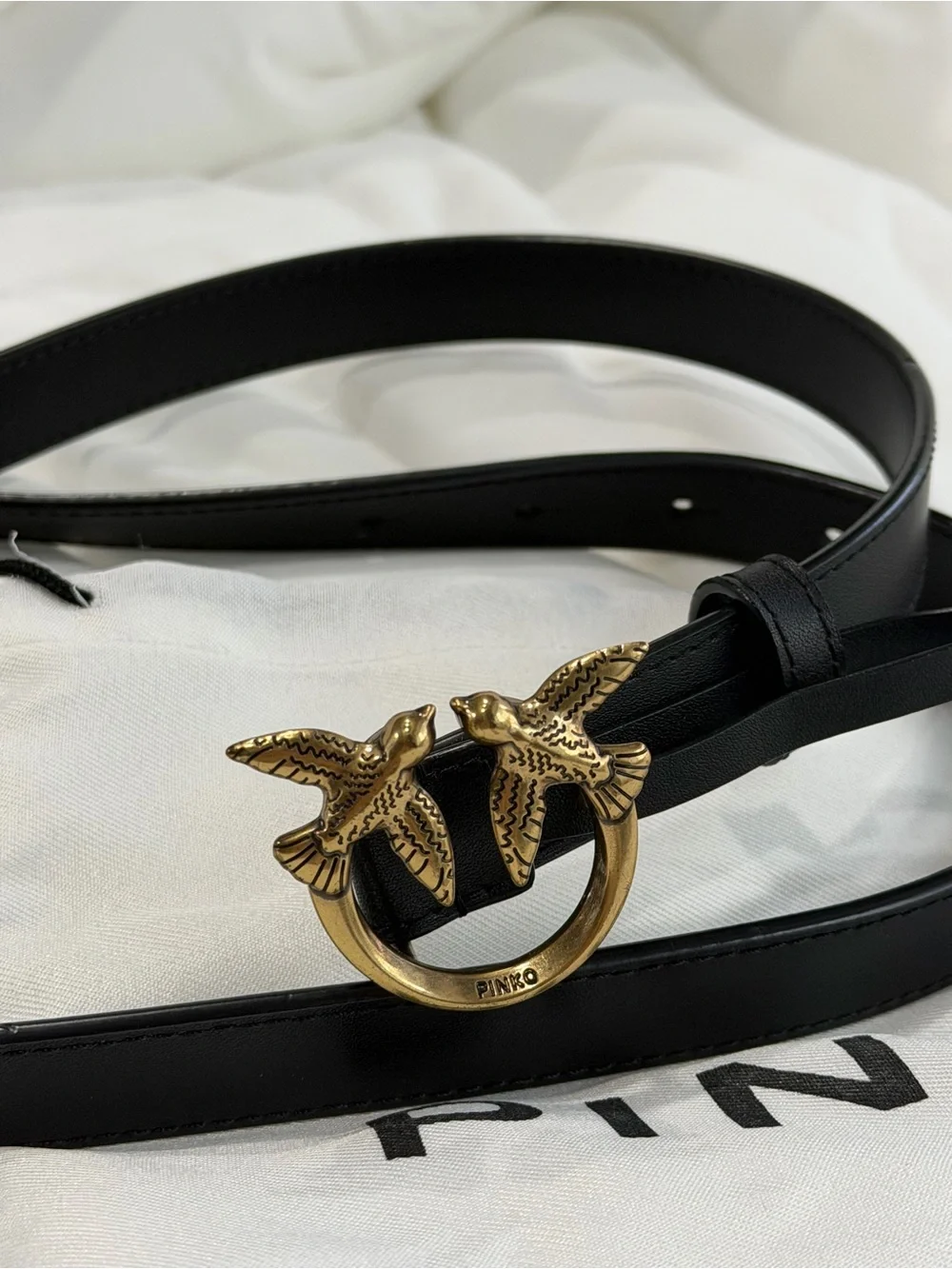 Pinko Black Leather Belt with Gold Double Bird Ring